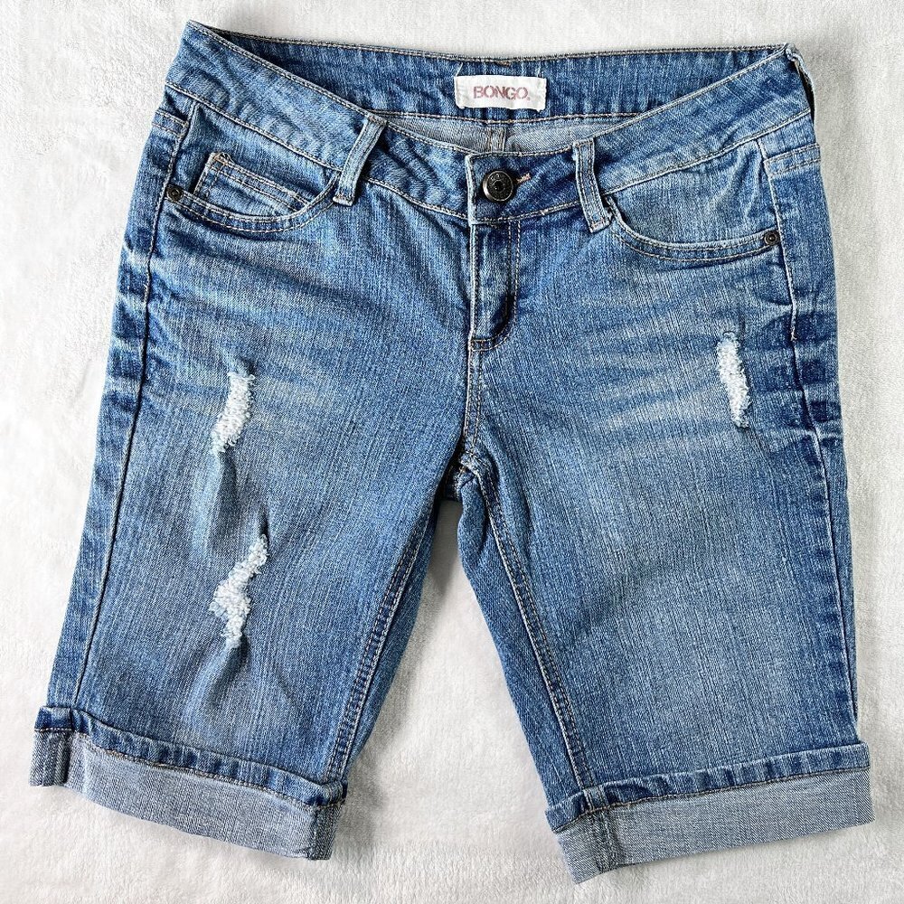 Women's Bongo Bermuda Denim Shorts | Medium Blue Wash | Distressed | Size 7
